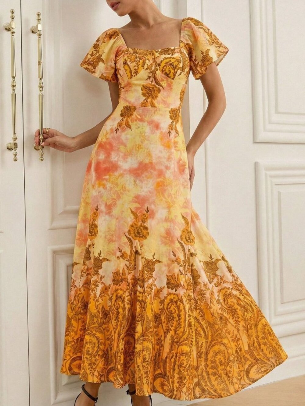 Orange Elegant Women's Floral Print Cap Sleeve Flared Hem Dress